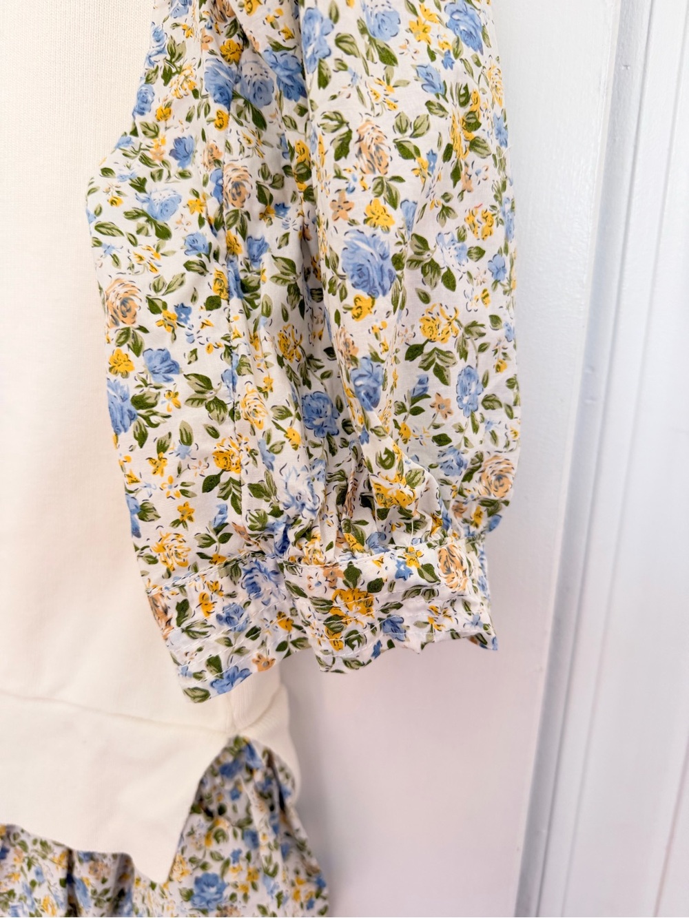 Anthropologie Cream Pullover with Blue & Yellow Floral Sleeves - Picture 2 of 5
